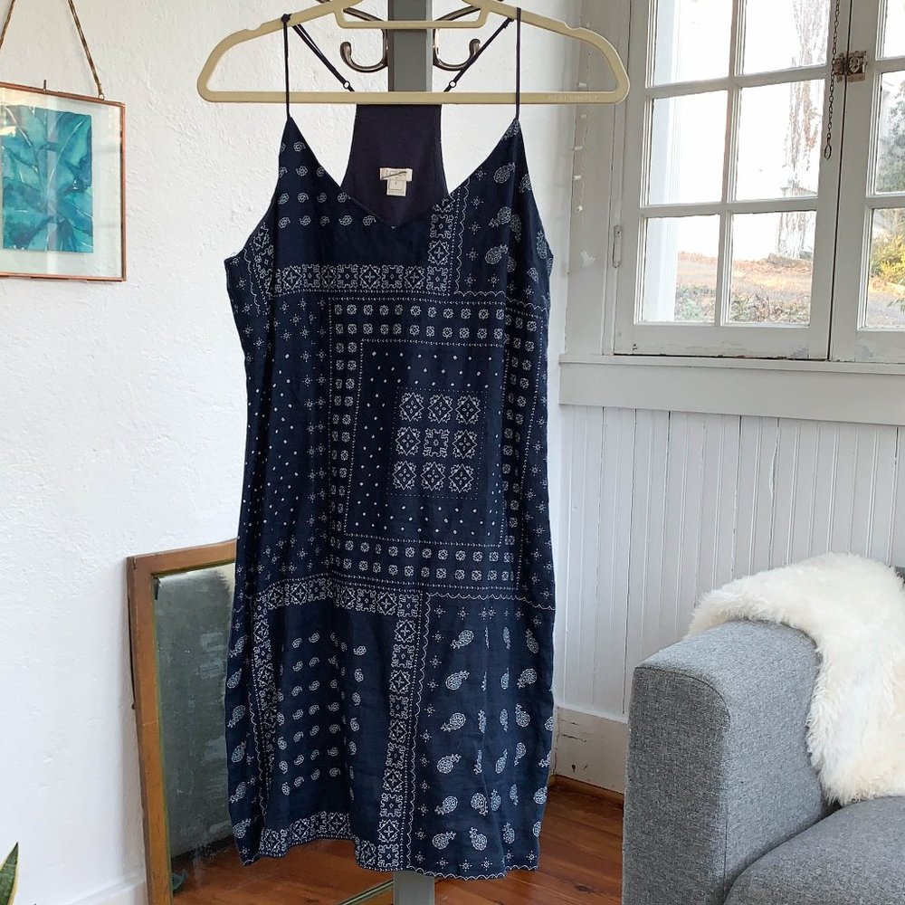J.Crew navy blue linen paisley dress